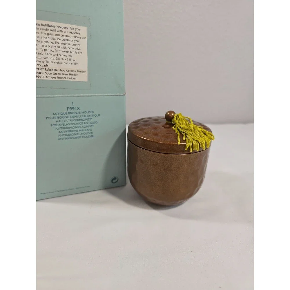 PartyLite Antique Bronze Refillable Candle Holder Lid Bronze Tassel Box P9918